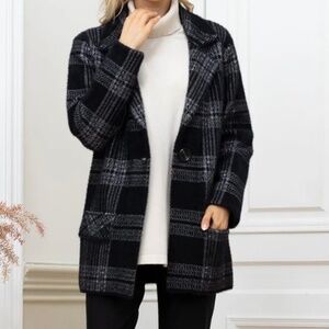 Sweater Coat Orange Fashion Village Plaid Black Grey Knitted Blazer Cardigan S/M